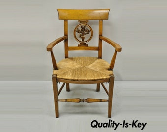 Vintage French Country Cherry Wood Italian Distressed Rush Seat Dining Arm Chair
