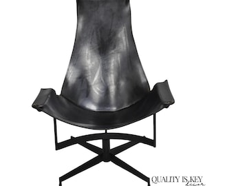 William Katavolos Mid Century Modern Black Leather Sling Steel K Lounge Chair