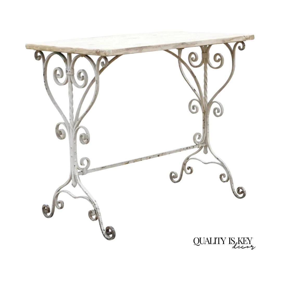 Antique French Art Nouveau Wrought Iron Scroll Wood Top 42" Potting Work Table