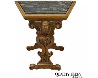 Italian Renaissance Figural Carved Marble Top Side Table with Winged Cherub Head