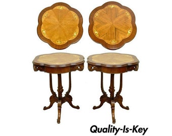 Pair Antique French Louis XV Style Floral Satinwood Inlay Walnut Lamp End Tables