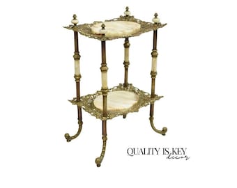 Antique French Victorian Bronze 2 Tier Onyx Stone Plant Stand Accent Side Table