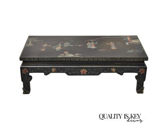 Vintage Chinese Oriental Black Lacquer Hand Painted Low Asian Side Table
