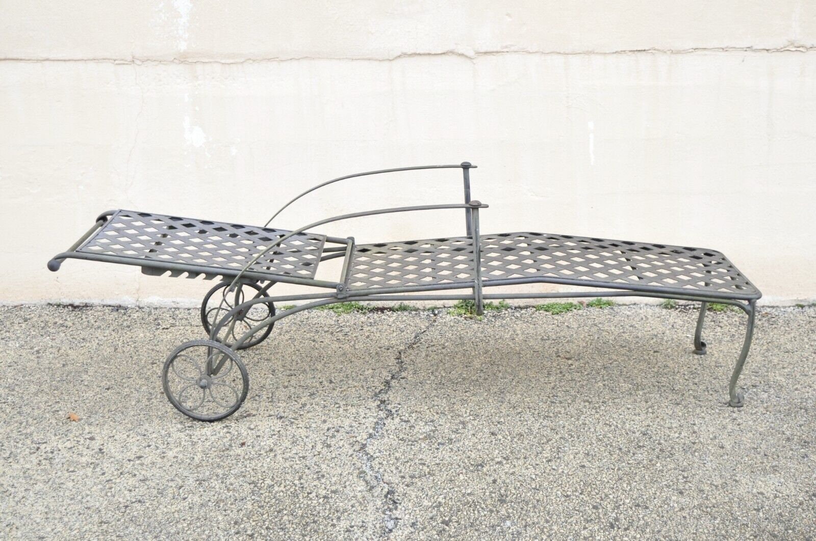 Vintage wrought iron chaise lounge with wheels hotsell