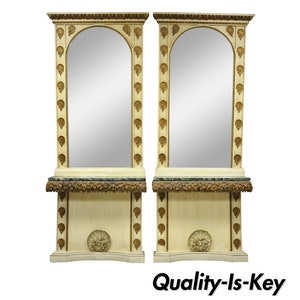 Large Pair Italian Hollywood Regency Shell and Marble Console Hall Table & Mirror