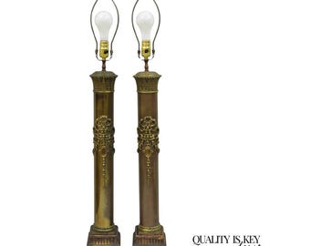 Lámparas de mesa altas cilíndricas de bronce neoclásicas del Imperio Francés antiguo (un par)
