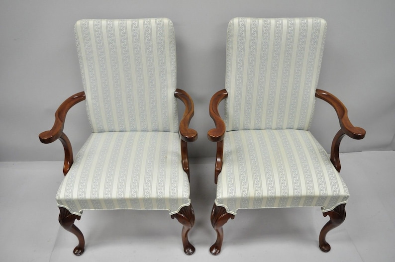 Pair Hickory Chair Co Queen Anne Style Armchairs Mahogany Library Dining Chairs