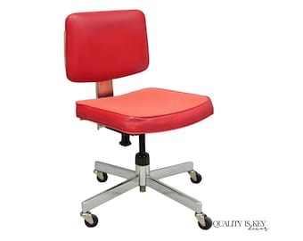 Vintage Mid Century Modern Red Adjustable Chrome Office Desk Chair by HON
