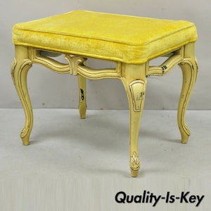 Vintage French Provincial Yellow Painted Cabriole Leg Vanity Bench Seat