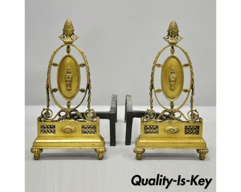 Pair of Antique French Empire Sheraton Style Brass Bronze Urn Acorn Fireplace Andirons