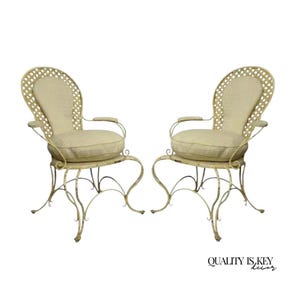 Vintage French Country Wrought Iron Lattice Scrolling Arm Chairs (A) - Pair