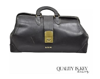 1920s Walrus Leather Doctors Bag , Antique Black Leather Suitcase