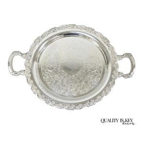 Vintage Oneida Silver Plated Round Twin Handle Serving Platter Bar Tray