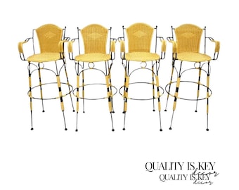 French Country Wrought Iron Woven Vinyl Rattan Bar Stools With Arms - Set of 4