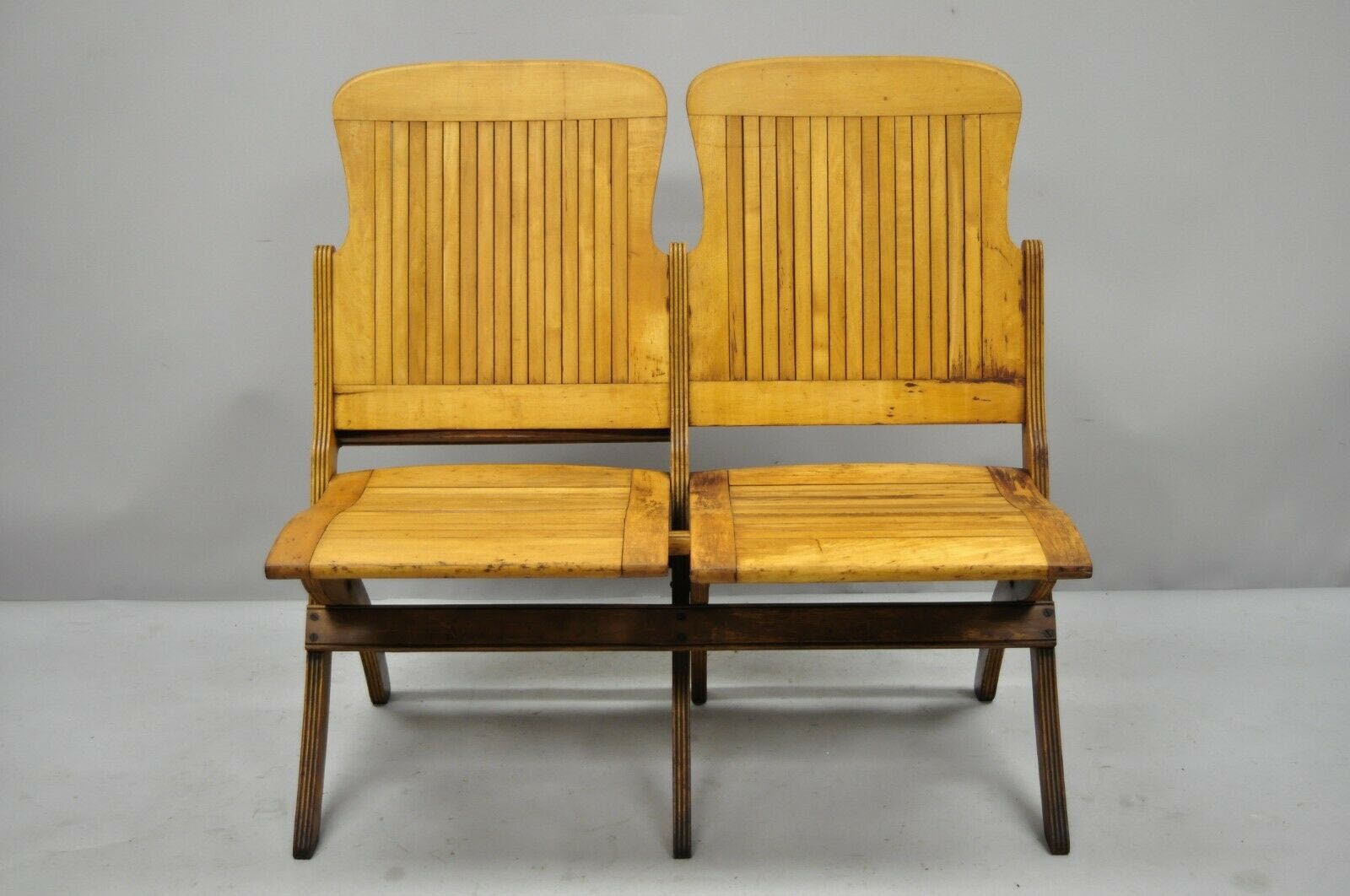 - School Slat Theater Double Bench Seat Antique Pew Wood Etsy Vintage Old Chair Folding