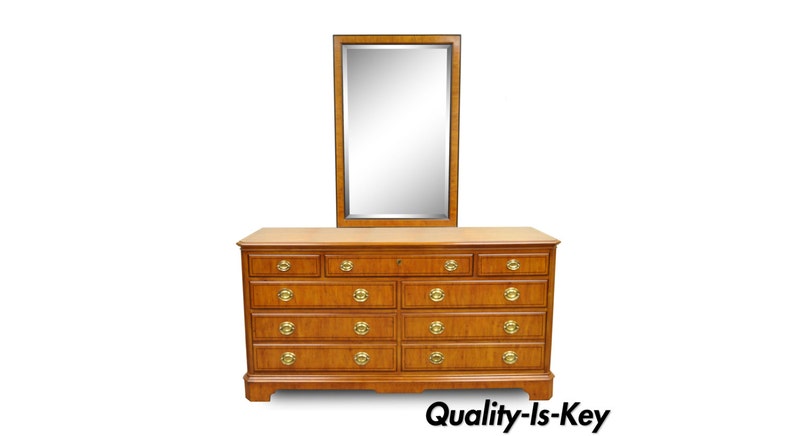 Drexel Heritage Yorkshire Yew Wood Banded Ebony Long Dresser Chest And Mirror