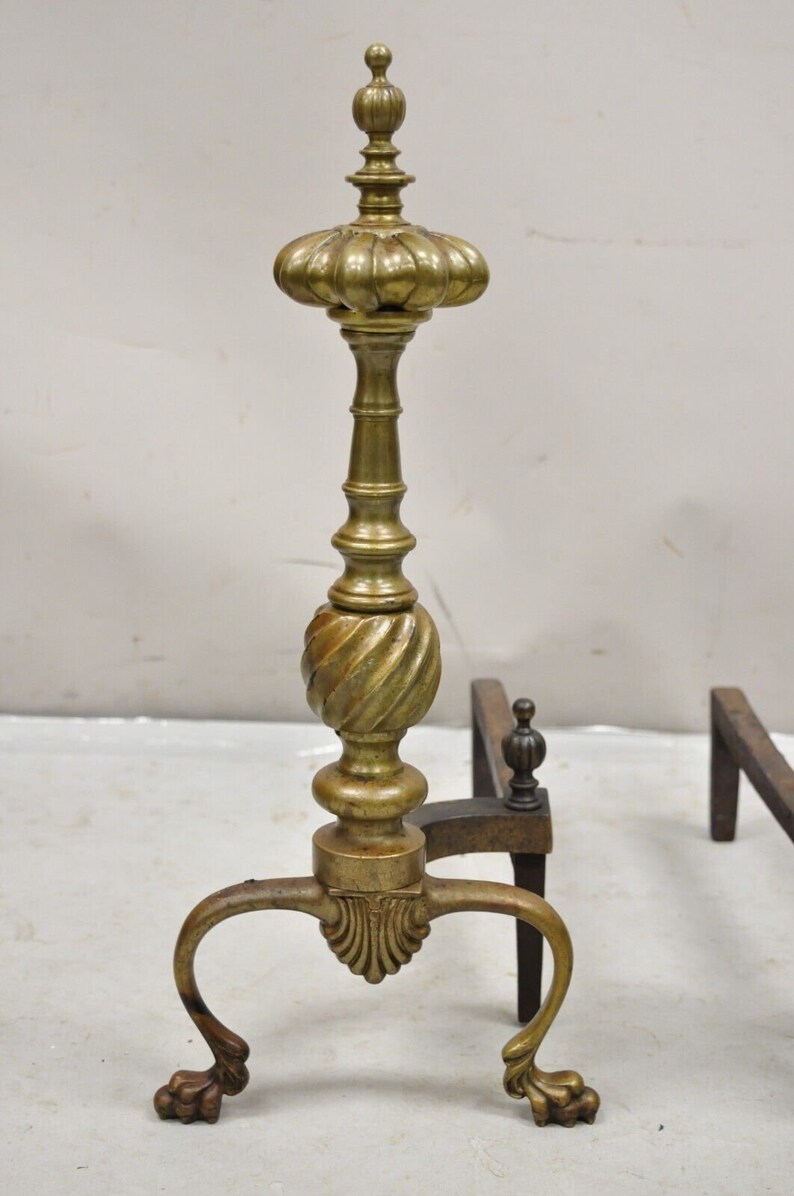 Antique French Empire Style Bronze Brass Spiral Column Andirons a Pair image 4