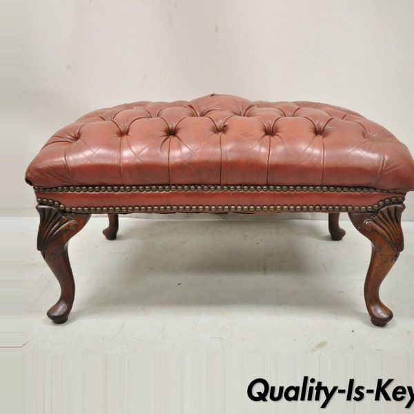 Vtg Brown Leather English Chesterfield Queen Anne Style Tufted Ottoman Footstool