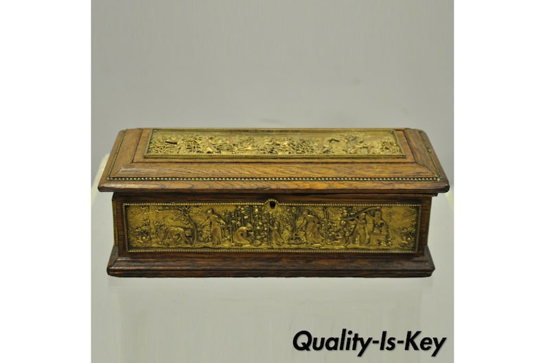 Antique E. Schutzmarke Oak Wood Figural Bronze Relief Jewelry Box Casket image 1