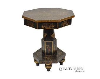 Antique Chinoiserie Hand Painted Pedestal Base Oriental Sewing Stand Side Table