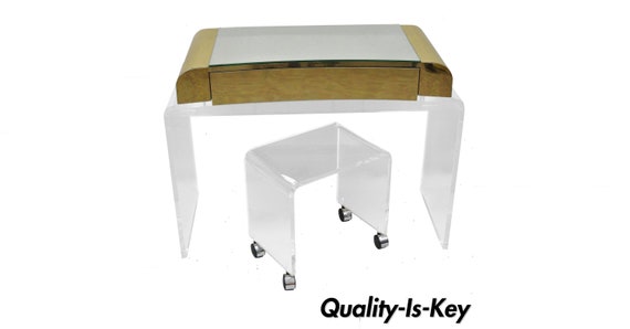 Lucite Waterfall Mirrored Vanity Table W Vanity Bench Brass Etsy