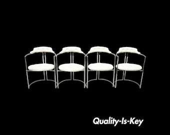 Chromcraft Mid Century Chrome Frame Barrel Back White Vinyl Chairs - Set of 4