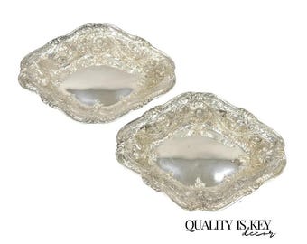 M&H English Victorian Art Nouveau Silver Plated Floral Repousse Fruit Bowls Pair