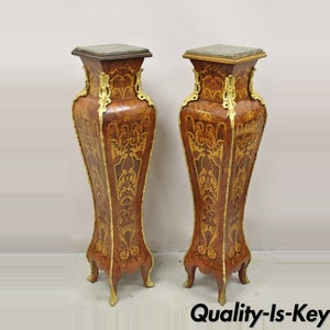 Vintage French Louis XV Style Marble Top Marquetry Inlay Bombe Pedestals a Pair image 1