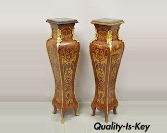 Vintage French Louis XV Style Marble Top Marquetry Inlay Bombe Pedestals a Pair