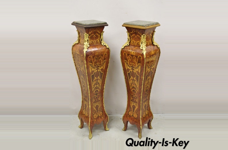 Vintage French Louis XV Style Marble Top Marquetry Inlay Bombe Pedestals a Pair image 1