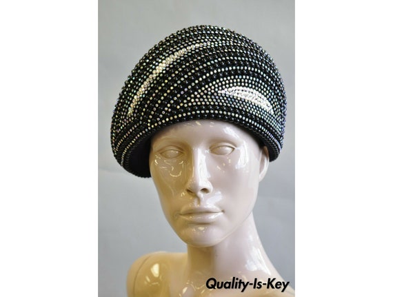 Vintage Bina Fashion Hats Black Iridescent Beaded Bejewel Derby Crown Beret Hat