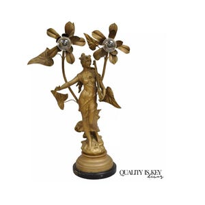 Antique Art Nouveau Auguste Moreau &quot;La Musique&quot; Gold Metal Figural Table Lamp
