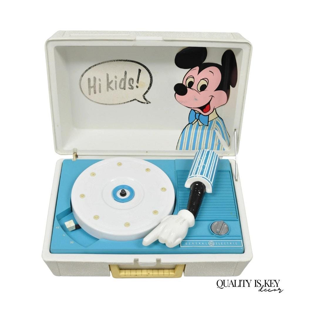 Vintage Mickey Mouse Walt Disney Blue White Portable Record Player