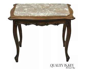 Vintage French Louis XV Style Walnut Marble Top Small Side Coffee Table