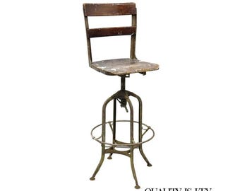 Vintage Industrial Toledo Metal Co Steel & Wood Adjustable Drafting Stool Chair