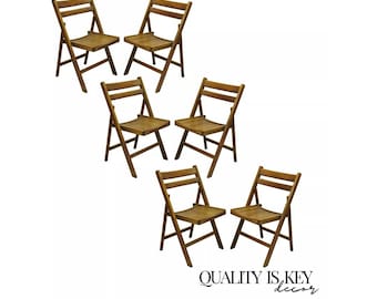 Vintage Mid Century Modern Solid Wood Slatted Folding Chairs - Set of 6