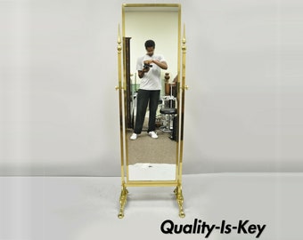 Vintage French Regency Neoclassical Brass Cheval Dressing Mirror w/ Pointed Finials