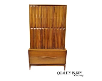 Mid Century Modern Sculpted Walnut Diamond Facade Wardrobe Tall Highboy Cabinet