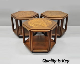 Set of 3 John Keal Brown Saltman Burl Wood Hexagon Mid Century Modern Side Table