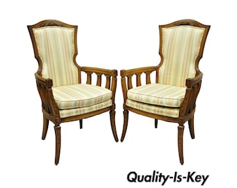 Pair of Vintage French Provincial Hollywood Regency Tall Back Lounge Arm Chairs