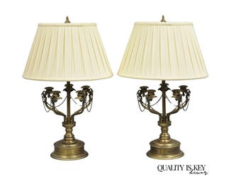 Vintage French Regency Style Brass Swans Candelabra Table Lamps - a Pair