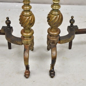 Antique French Empire Style Bronze Brass Spiral Column Andirons a Pair image 9