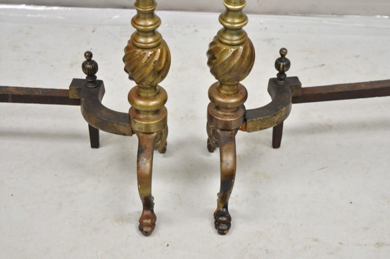 Antique French Empire Style Bronze Brass Spiral Column Andirons a Pair image 9