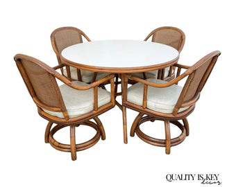 Vintage Hollywood Regency Bentwood Rattan Bamboo Swivel Chair Dining Set - 5 Pcs