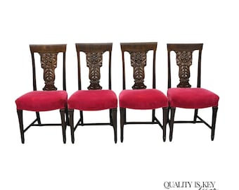 Antique Edwardian Floral Carved Mahogany Red Mohair Dining Chairs - Set of 4