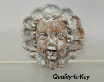 Antique French Neoclassical Small Lead Cherub Head Garden Wall Fountain