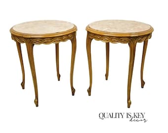French Provincial Hollywood Regency Round Pink Marble Top Side Tables - a Pair