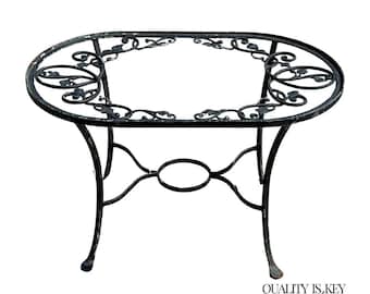 Vintage Salterini Style Leaf Vine Scroll Wrought Iron Oval Patio Coffee Table