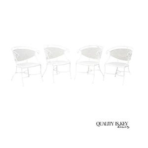 Vintage Hollywood Regency Scrolling Wrought Iron Barrel Back Patio Chairs Set 4