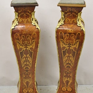 Vintage French Louis XV Style Marble Top Marquetry Inlay Bombe Pedestals a Pair image 2